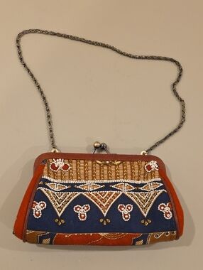 Isabella Fiore Navy and Rust Beaded Clutch with Chain Strap